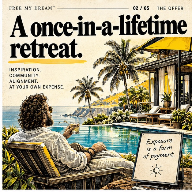 The Retreat: Free My Dream satirical illustrated story scene